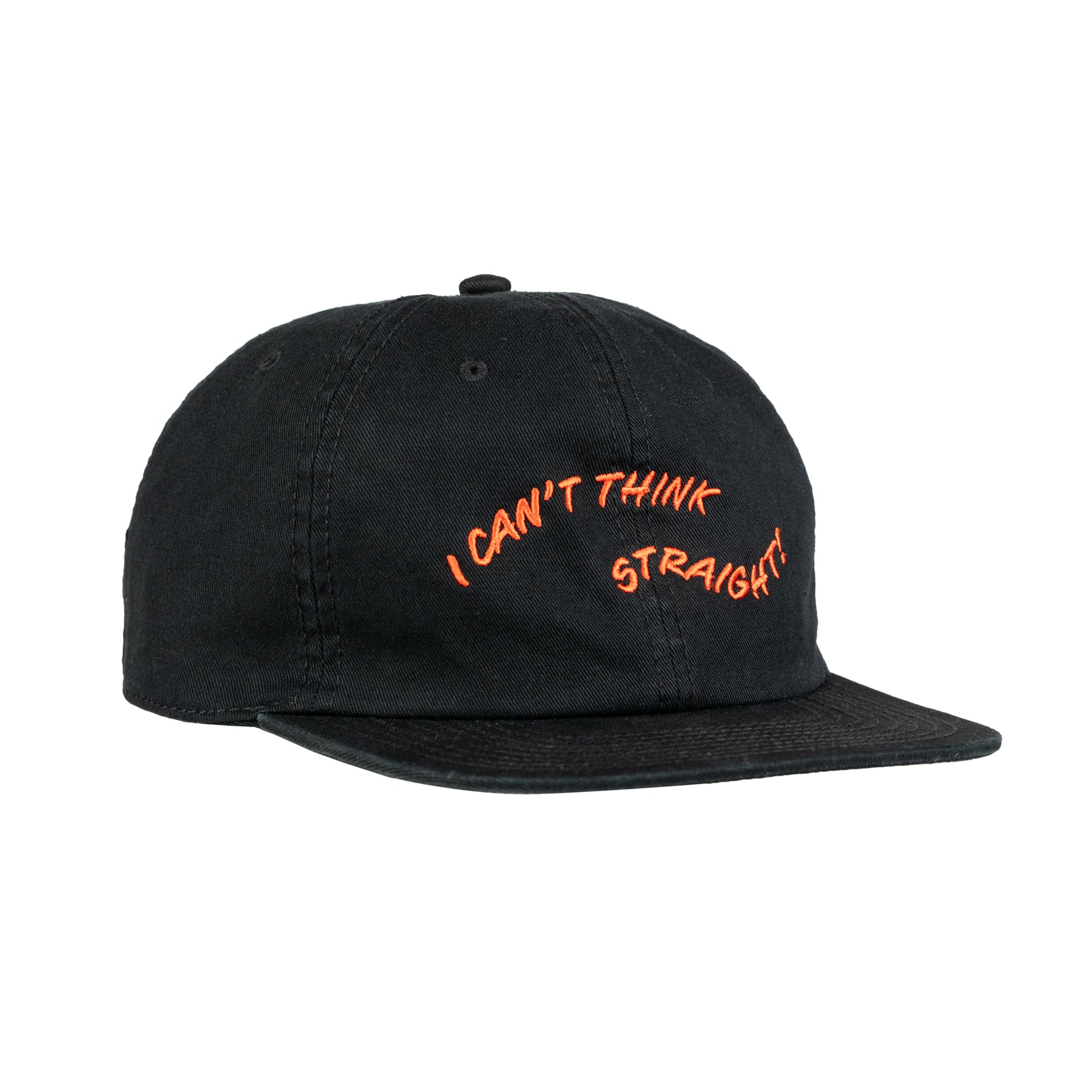 Black cap with orange text 'I CAN'T THINK STRAIGHT' on a white background