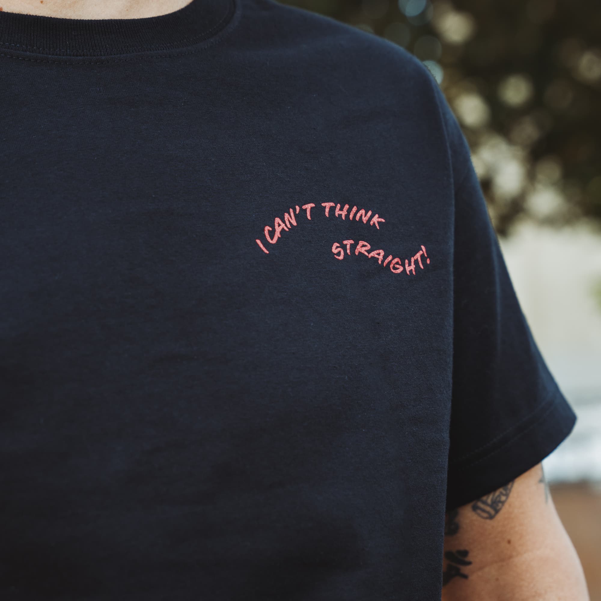 Black shirt with the "I Can't Think Straight" logo on the front