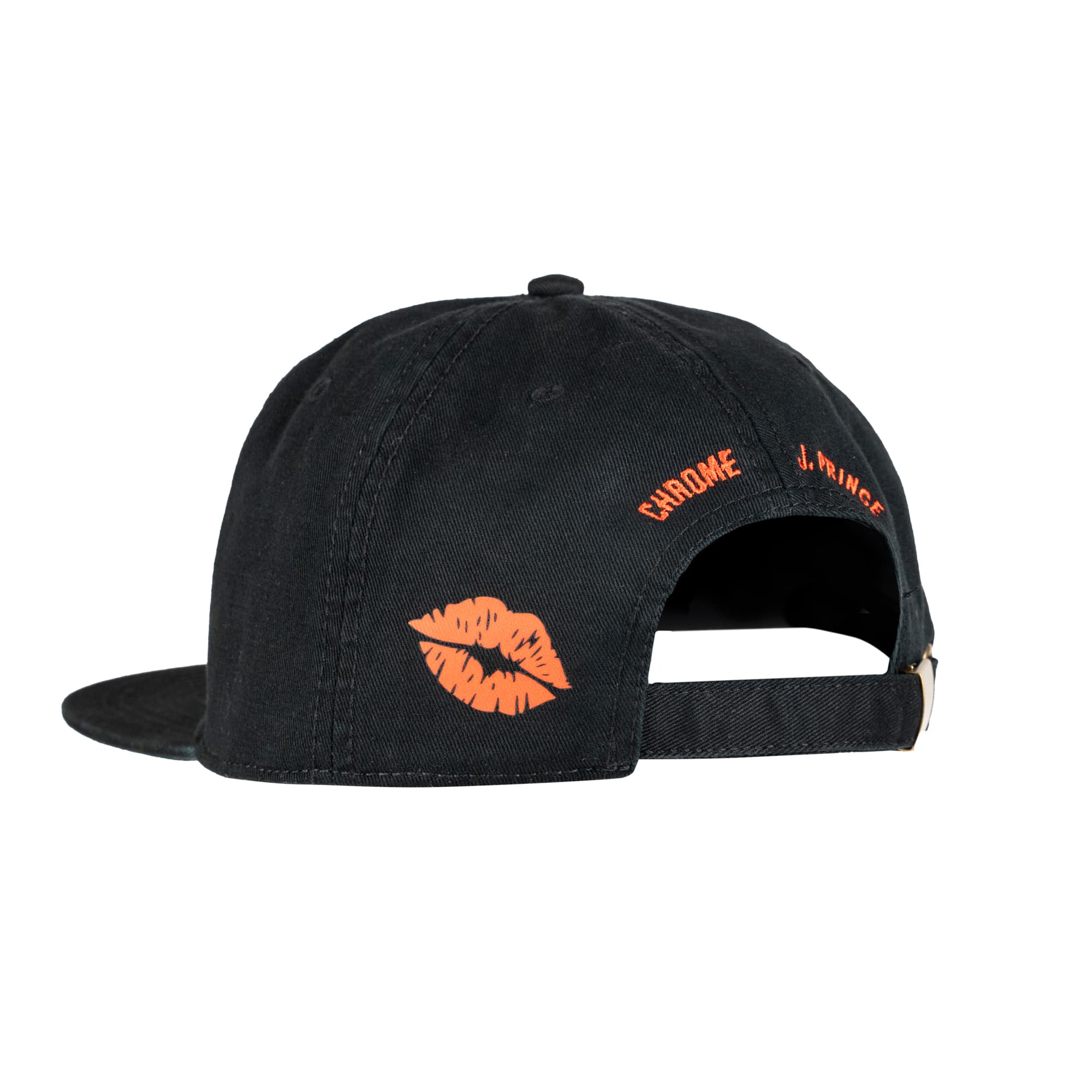 Black cap with orange lip print and text on a white background