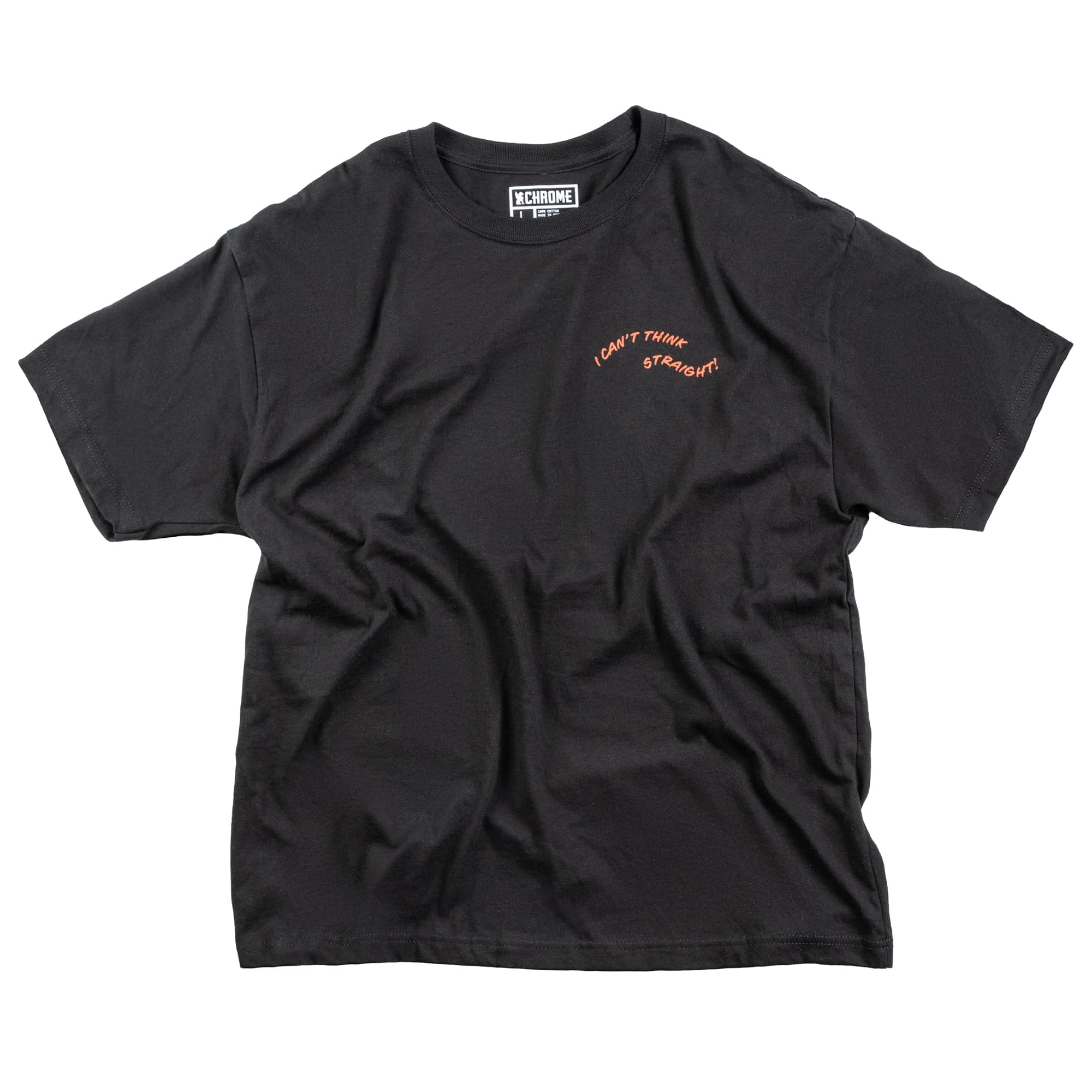 Black t-shirt with text and I Can't Think Straight logo on a white background